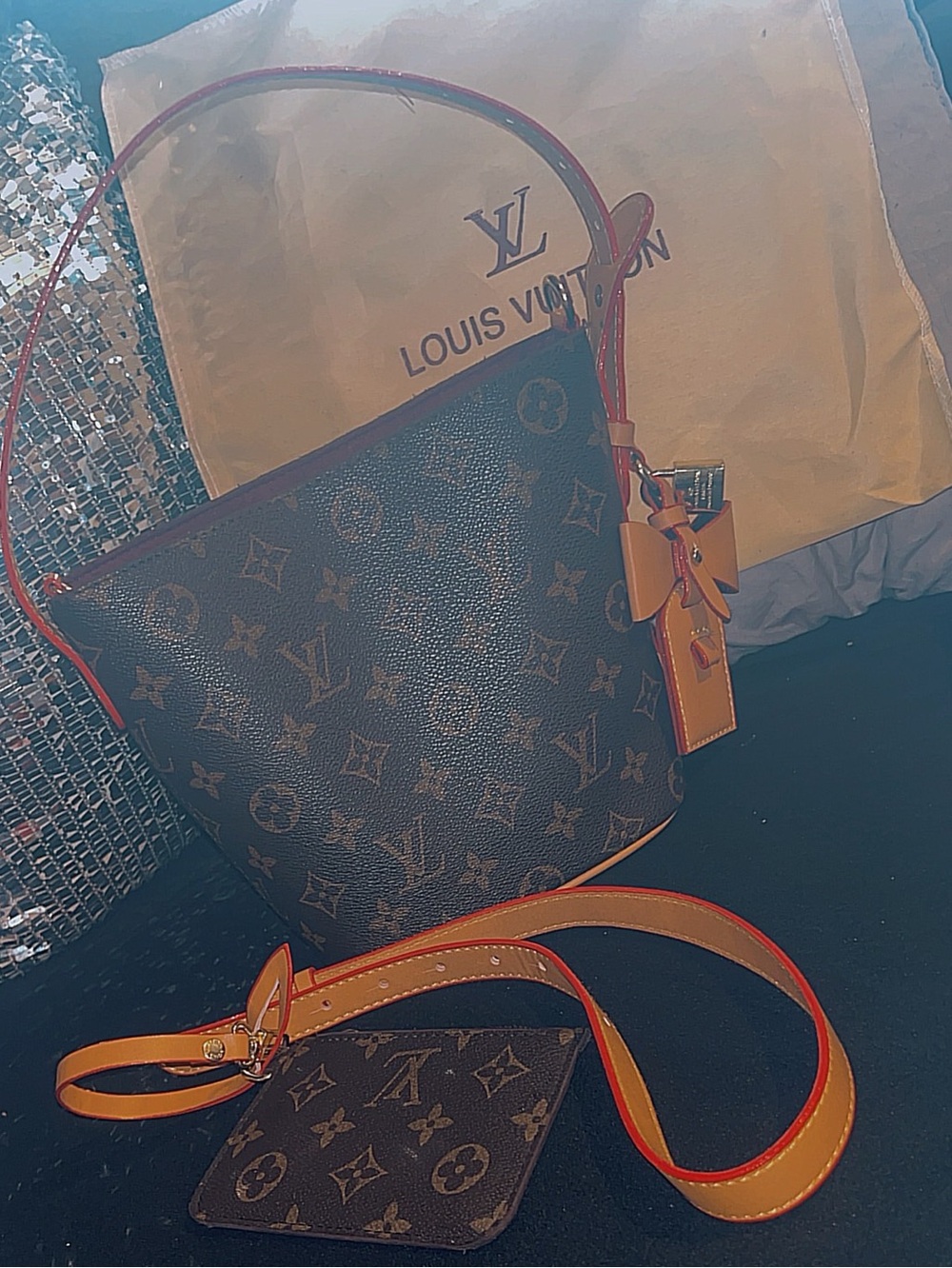 Louis Vuitton Monogram Shoulder Hobo with Tan & Red Trim, SO CUTE!